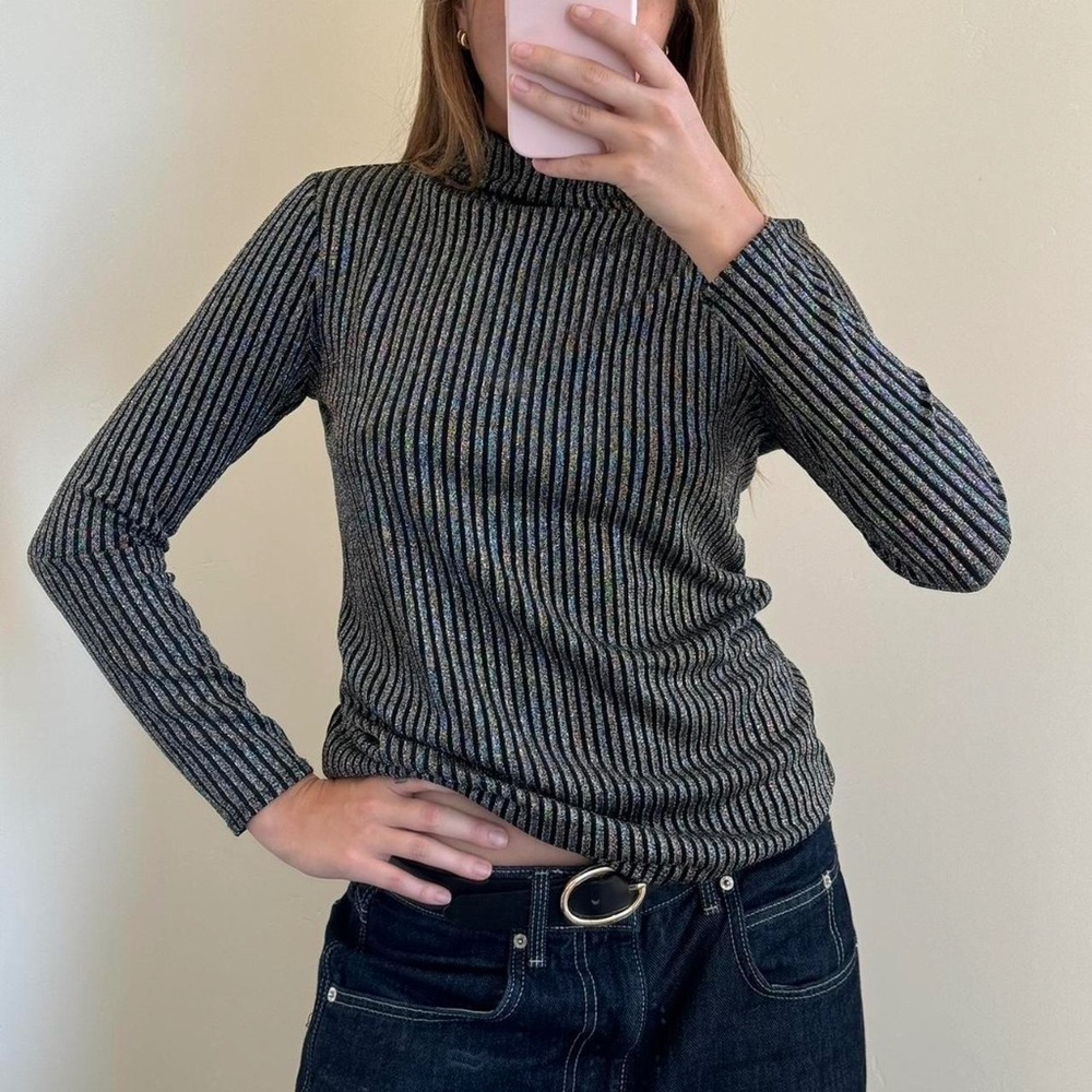 Alfani Black and Silver Shimmer Turtleneck Top
